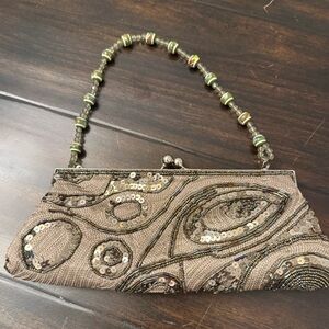 Beaded evening bag Taupe Green Sequins Beaded Handle details
